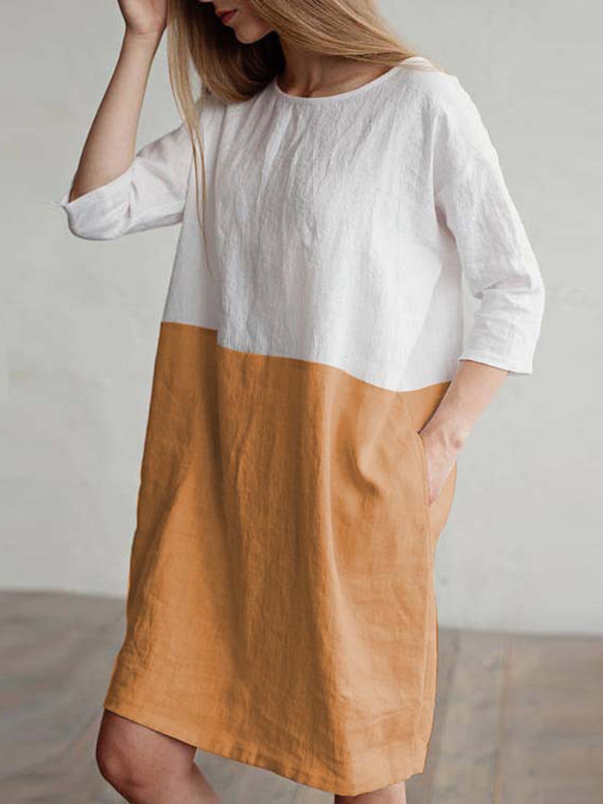 Brown 3/4 Sleeve Pockets Shift Plus Size Dress