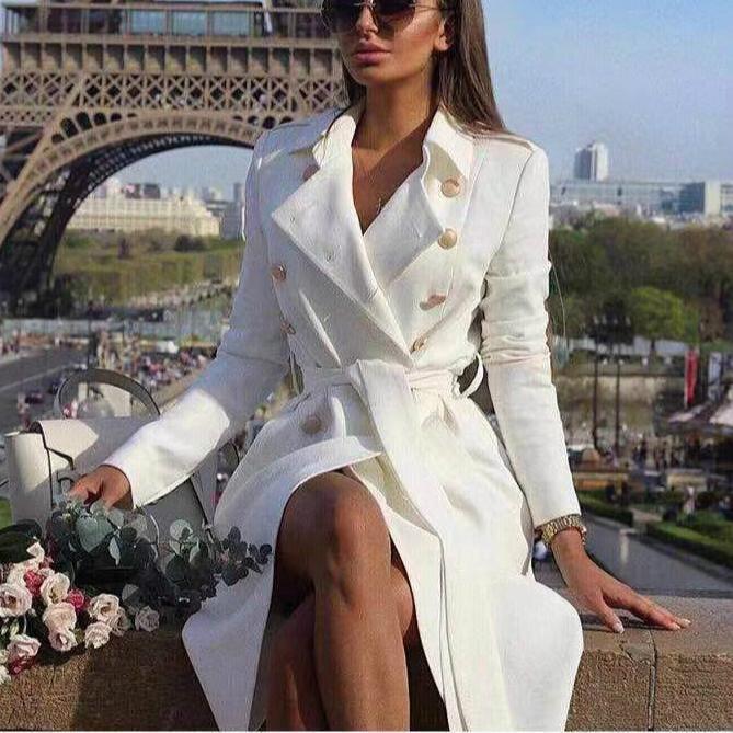 Sexy V Collar Wide Lapel Plain Slim Waisted Long Sleeves Wind Coat Dress