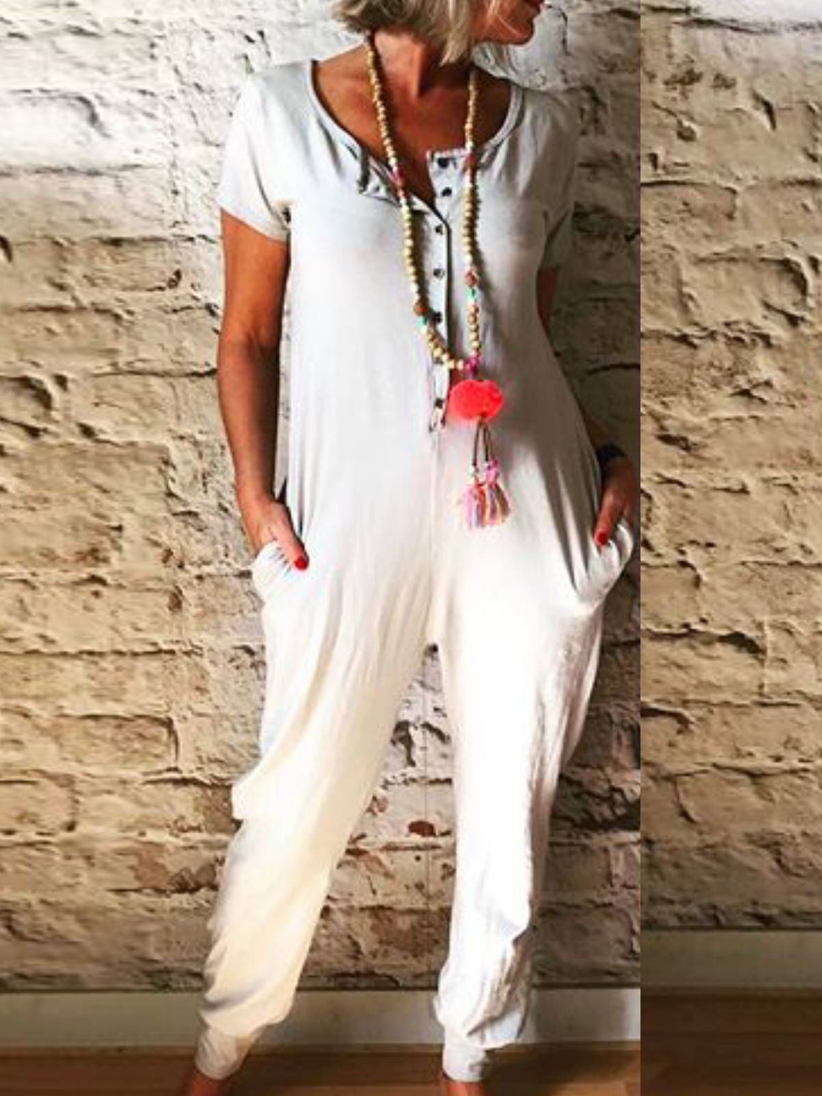 White Plain Short Sleeve Cotton Crew Neck One-Pieces