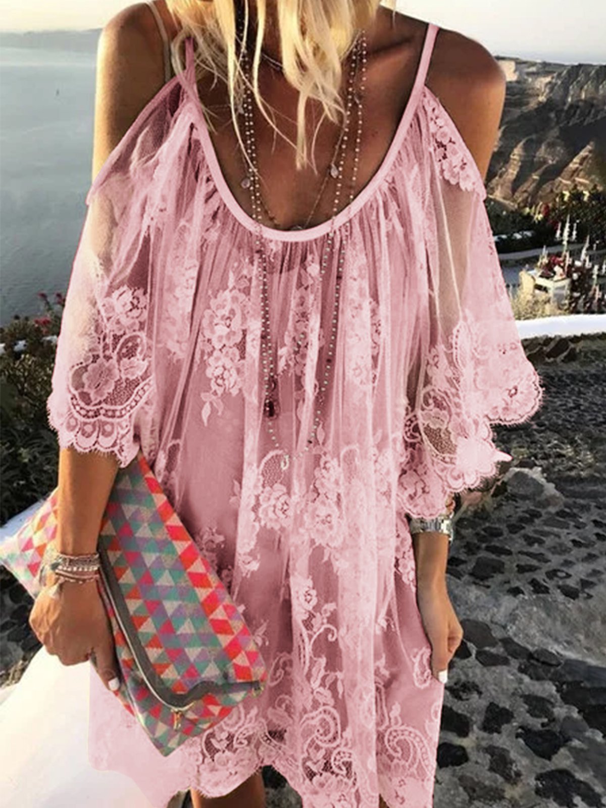 Off Shoulder Lace Embroidered Skater Shift Dresses