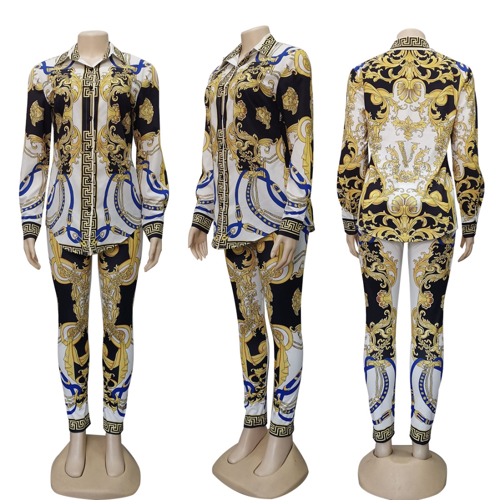 Print Retro African Long Sleeve Top and Pants Set