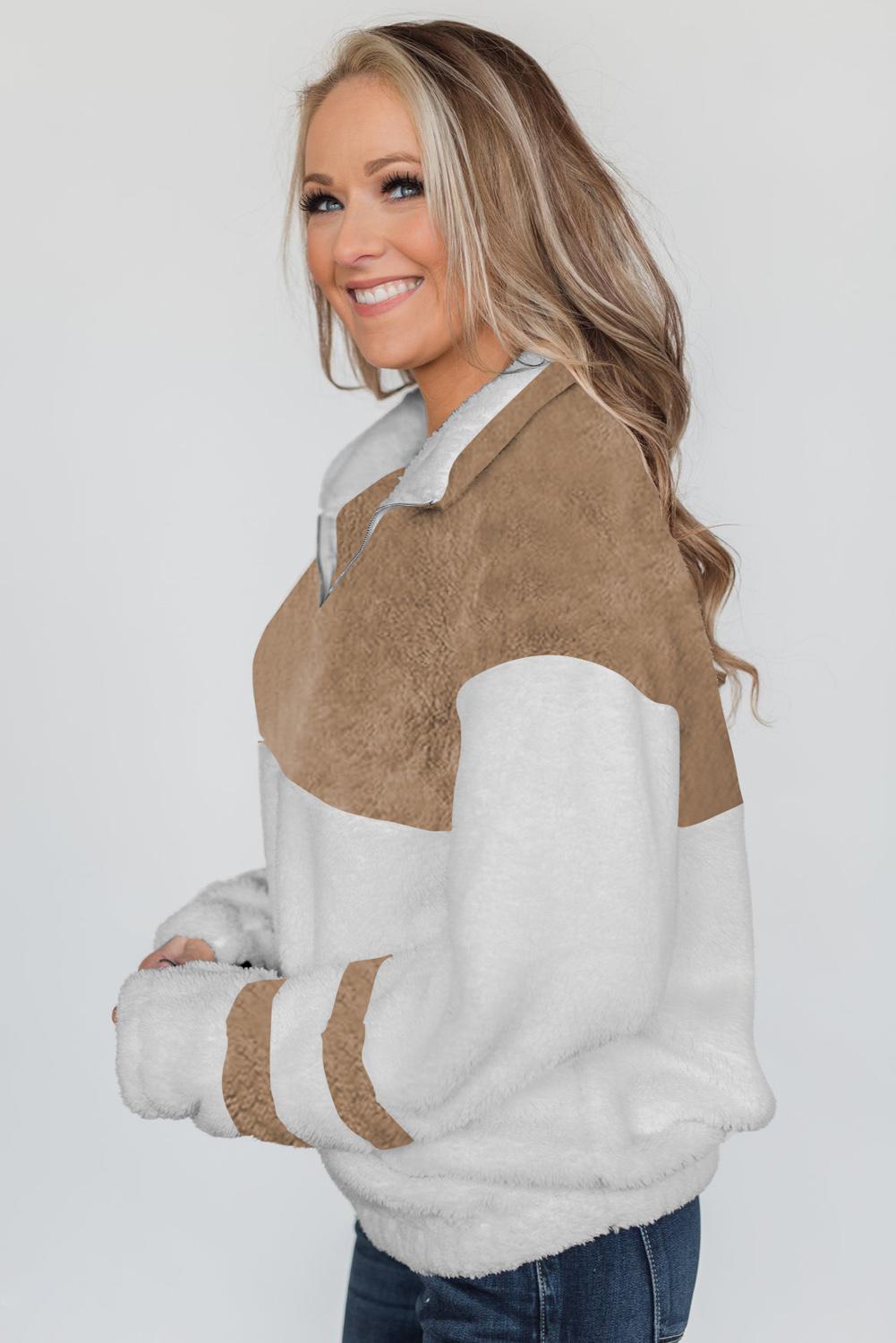 White Colorblock Furry Zipped Pullover Sweatshirt Outwear