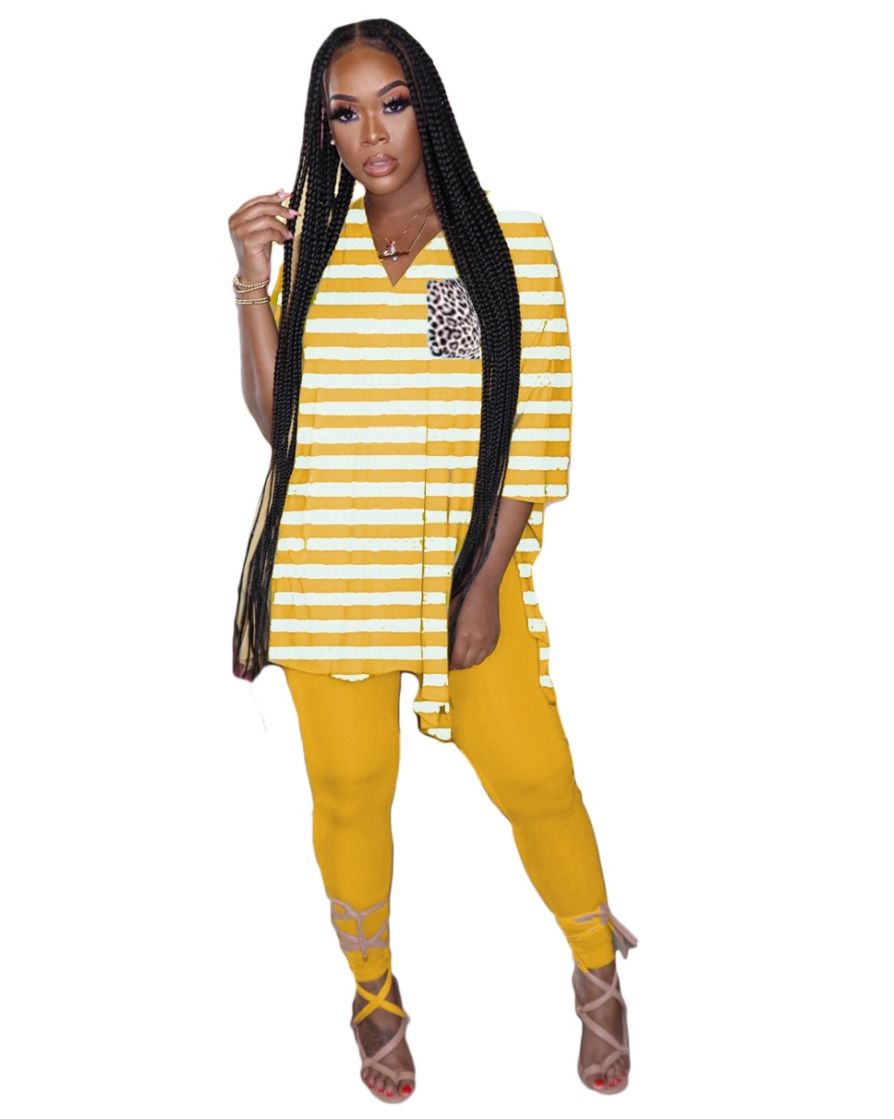 Casual V Neck Stripes Slit Shirt and Tight Legging Set