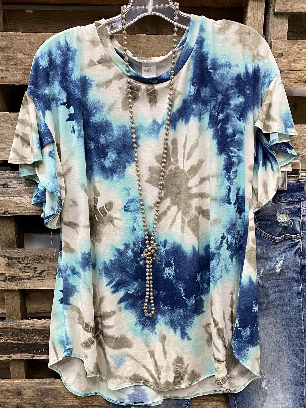 Blue Short Sleeve Dip-Dyed Casual Shirts & Tops