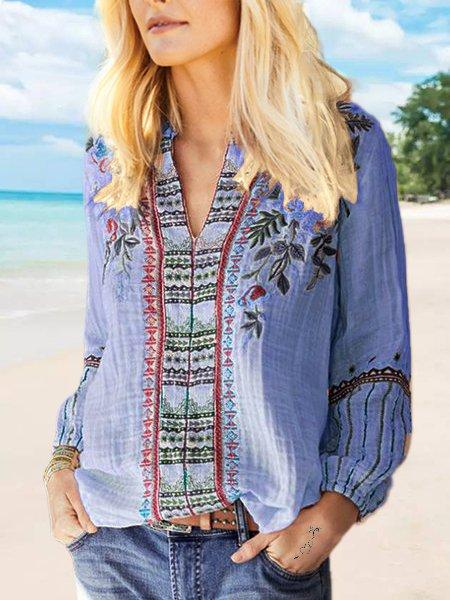 Cotton-Blend Casual V Neck Long Sleeve Shirts & Tops