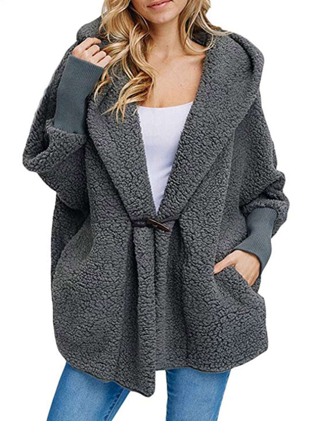 Shawl Collar Long Sleeve Solid Casual Faux fur Hoodie Coat