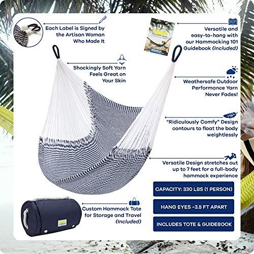 Handwoven Hanging Chair Hammock Swing, Eco-Luxe Weathersafe Hammocks by Yellow Leaf Hammocks, ��Vineyard Haven�� Hammock, Navy Blue & White, Fits 1 Person (330 lbs)