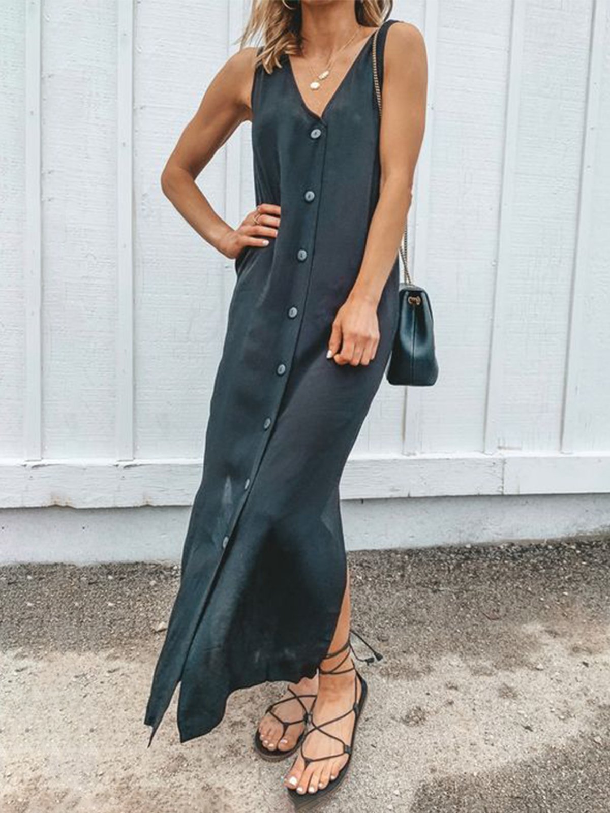 Casual Plus Size Button Down V Neck Sleeveless Maxi Dresses