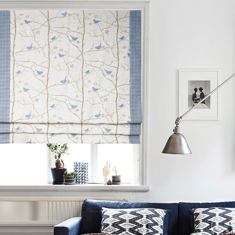 Print Cotton Polyester Linen Roman Shade In Blue