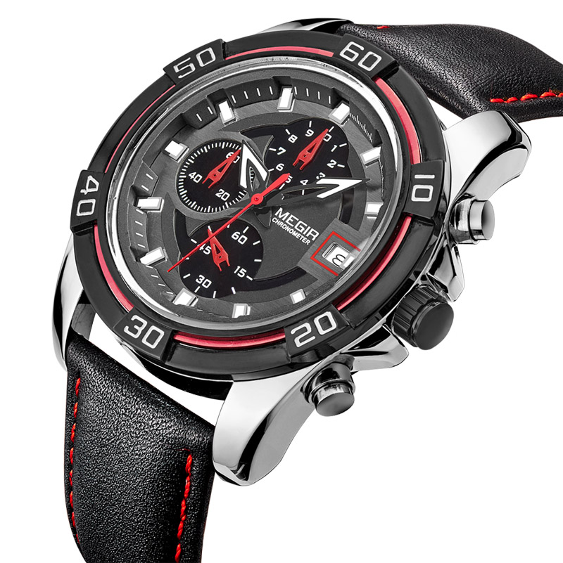 Top Luxury Brand MEGIR Men Sports Watches Men's Quartz Hours Chronograph 6 Hands Clock Man Leather Strap Military Wrist Watch