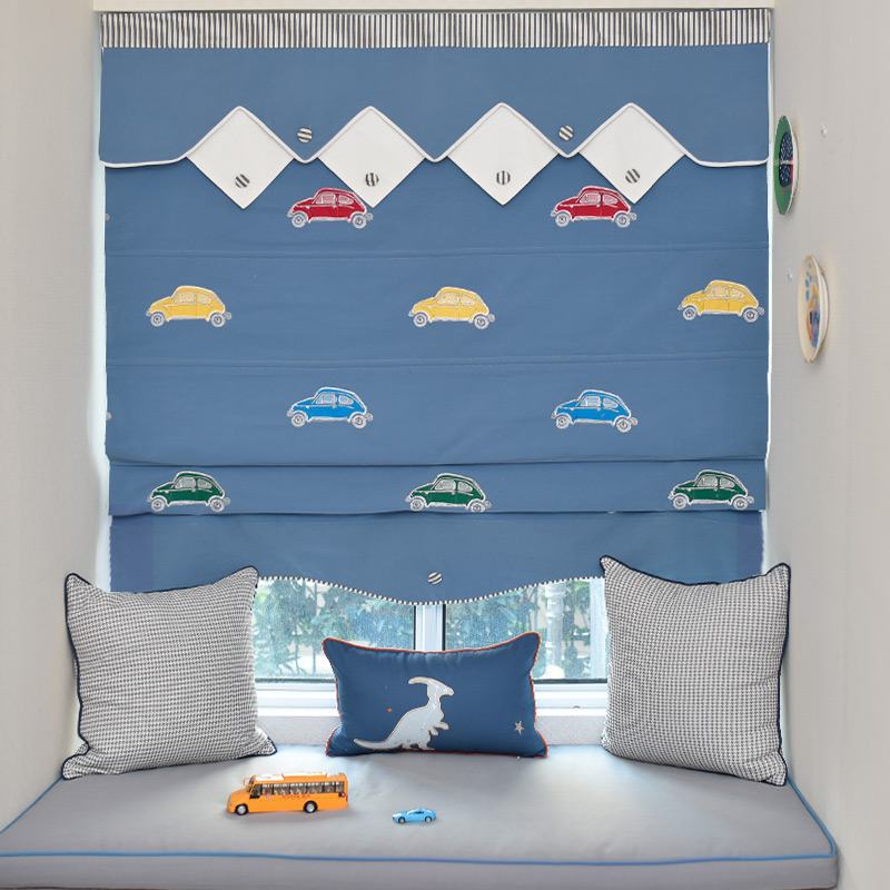 Embroidery Polyester Cotton Roman Shade In Blue