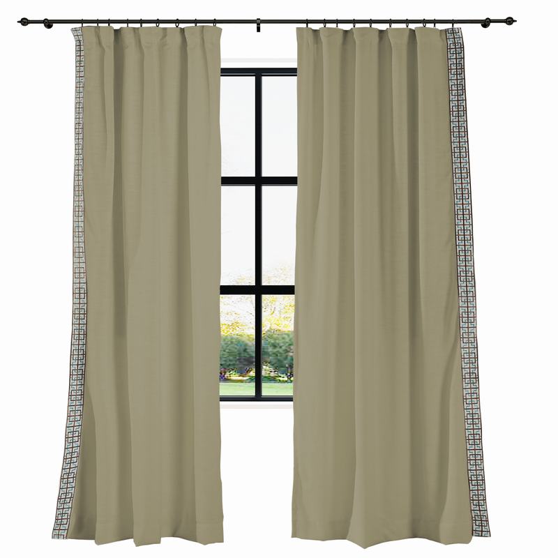 AMARA Polyester Linen Curtain Drapery With Decorative Trim Custom Sold Per Pair