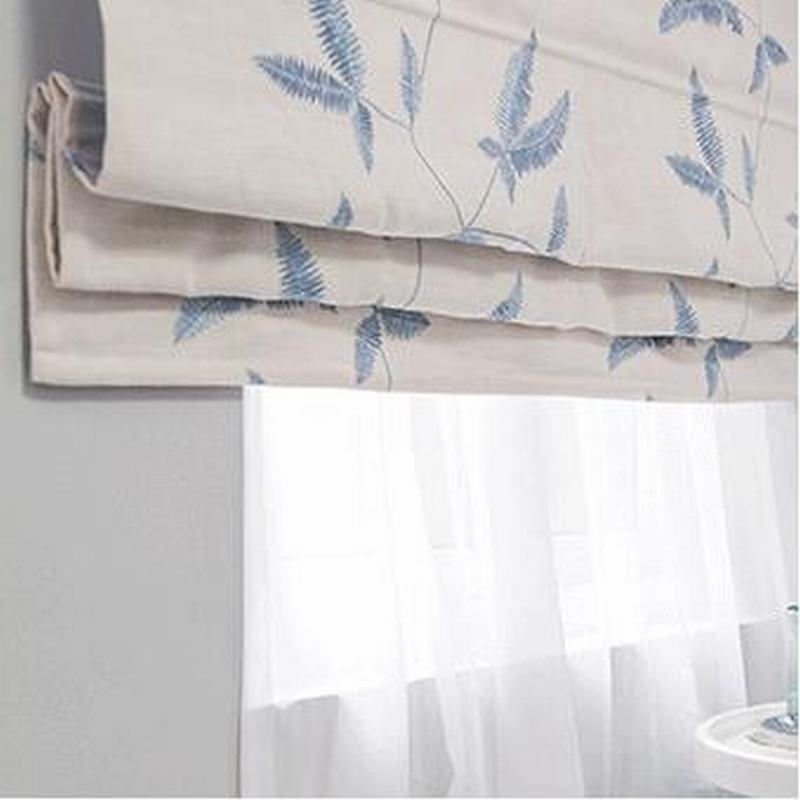 Embroidered Cotton Linen Roman Shade In Blue