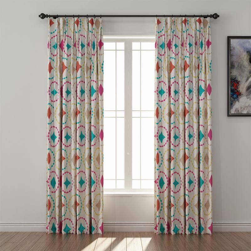 Geometric Print Polyester Linen Curtain Drapery FLAMINGO