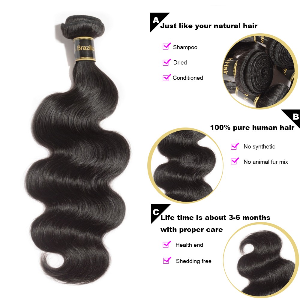 【Crystal 6A】	3 Bundles Body Wavy 6A Brazilian Virgin Hair 300g With 4*4 Body Wavy Free Part Closure