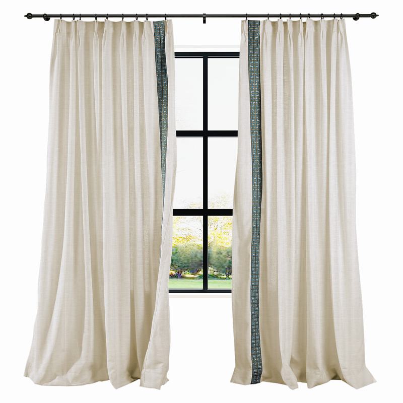 AMARA Polyester Linen Curtain Drapery With Decorative Trim Custom Sold Per Pair