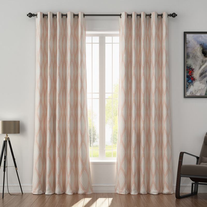 Geometric Print Polyester Linen Curtain Drapery with Privacy Blackout Thermal Lining CAROL