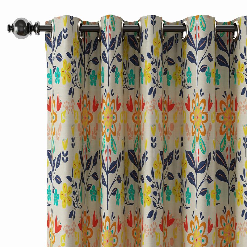 Floral Print Polyester Linen Curtain Drapery with Privacy Blackout Thermal Lining BENSON