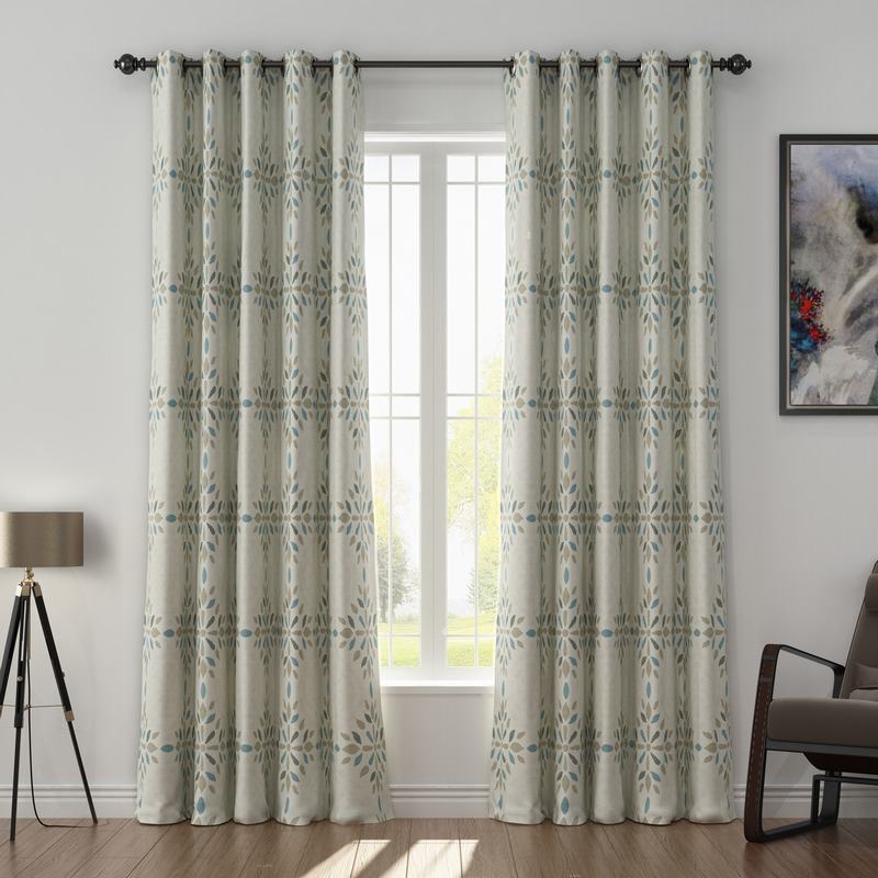 Abstract Print Polyester Linen Curtain Drapery with Privacy Blackout Thermal Lining CINDY