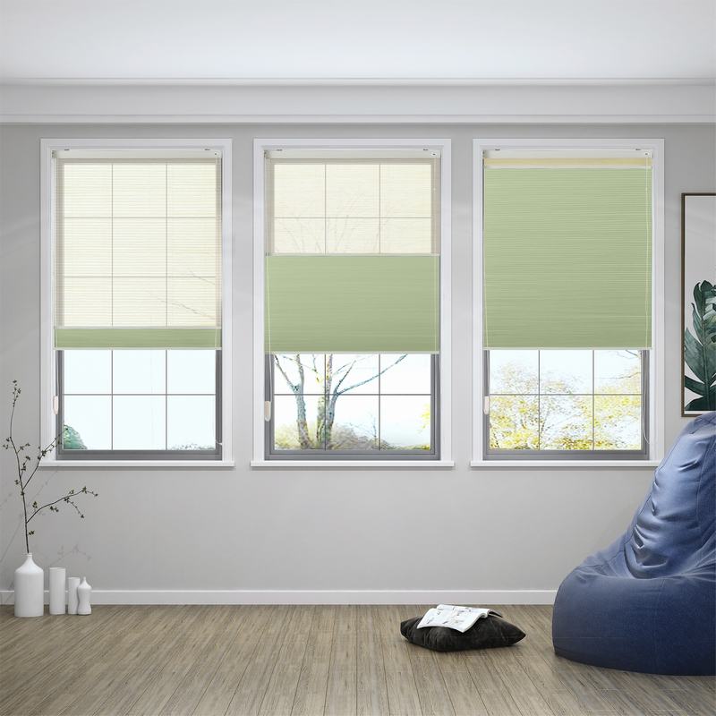 REVA Cord Lift Blackout TriShades Day/Night Honeycomb Shade with White Backing Beige Sheer