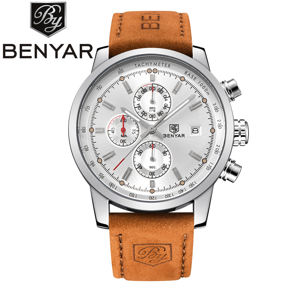 BENYAR Brand Sport Men Watch Top Brand Luxury Male Leather Waterproof Chronograph Quartz Military Wrist Watch Men Clock saat