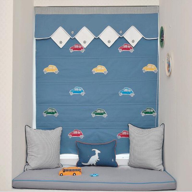 Embroidery Polyester Cotton Roman Shade In Blue