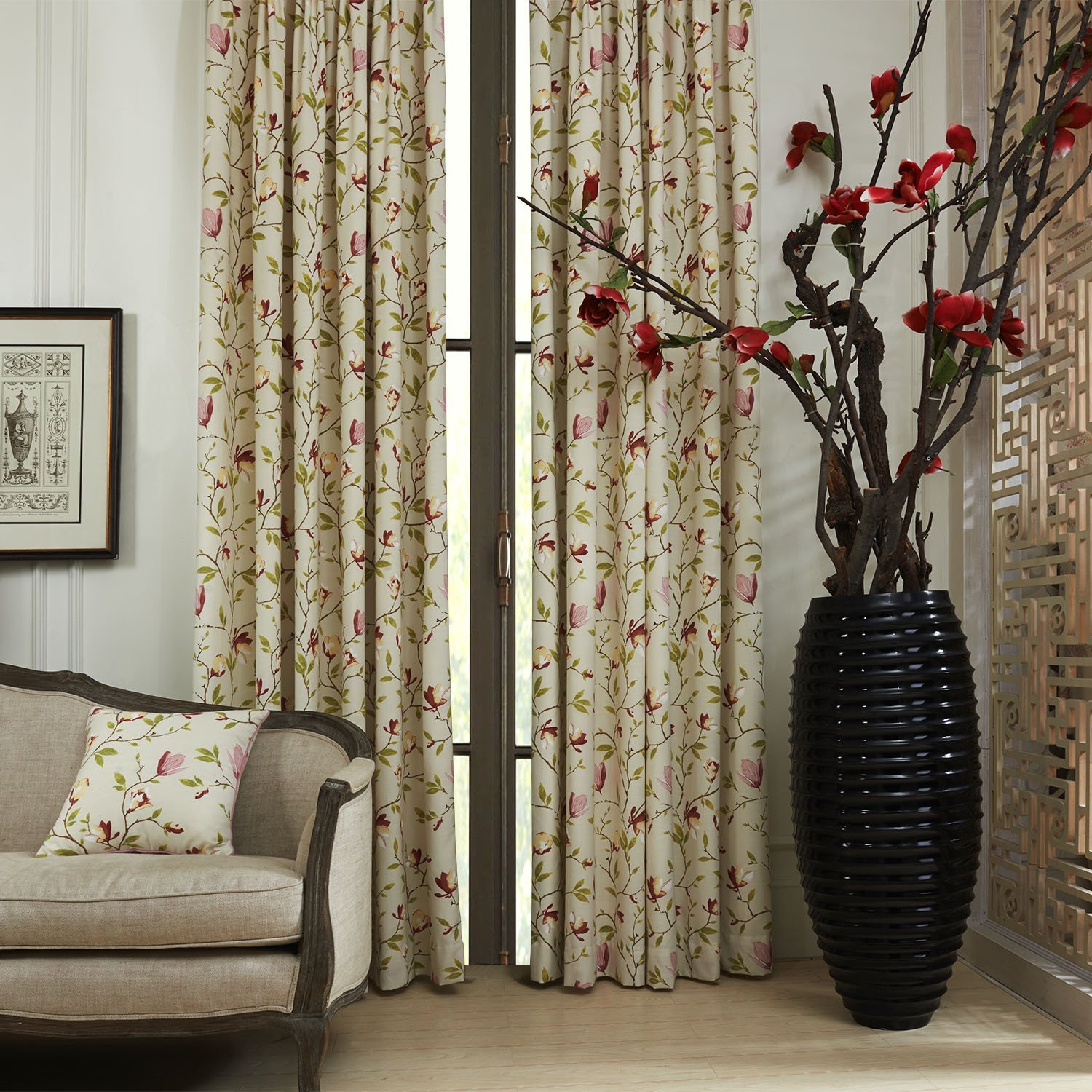 Botanical Flower Print Polyester Cotton Curtain Drapery CORA