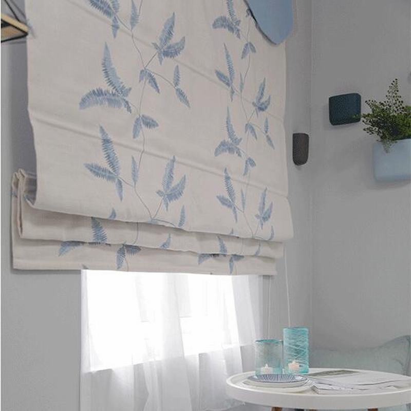 Embroidered Cotton Linen Roman Shade In Blue