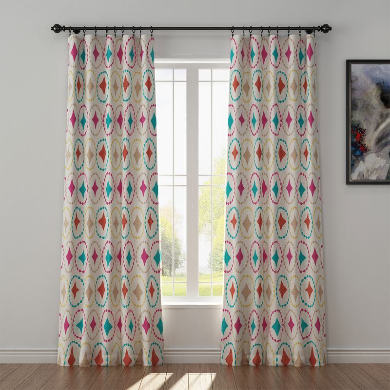 Geometric Print Polyester Linen Curtain Drapery FLAMINGO