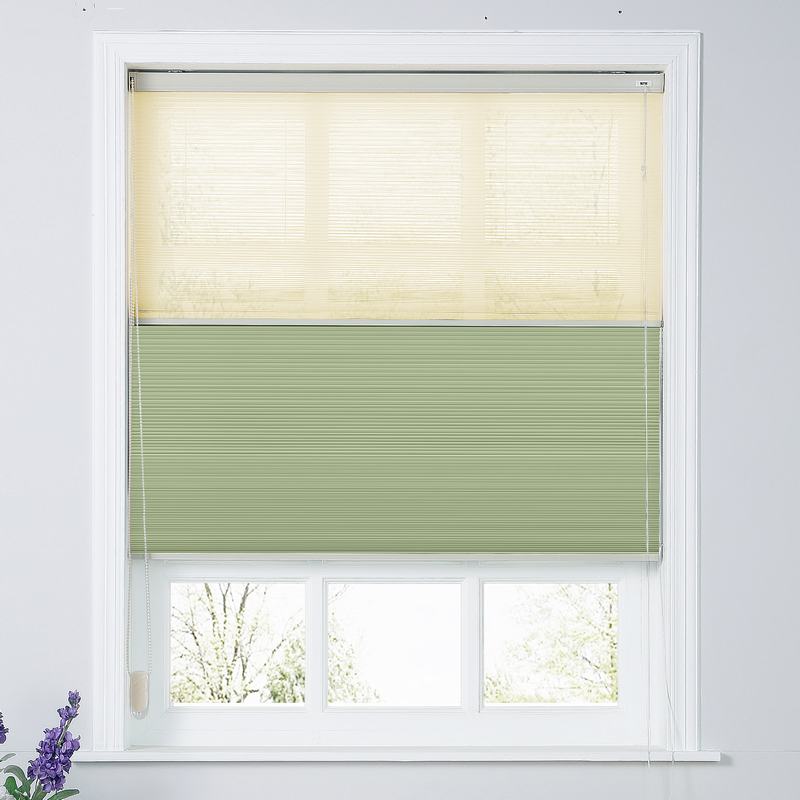 REVA Cord Lift Blackout TriShades Day/Night Honeycomb Shade with White Backing Beige Sheer
