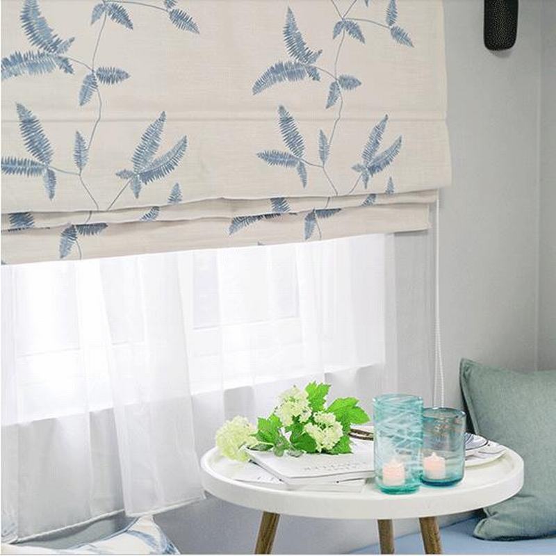 Embroidered Cotton Linen Roman Shade In Blue