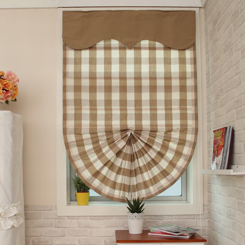 Plaid Print Polyester Cotton Roman Shade In Milk Tea