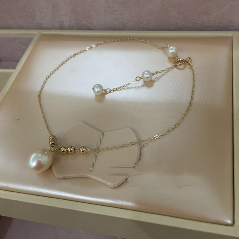 Newest Shine Layer Women Anklets 14K Gold Freshwater Pearl Ankle Bracelet Summer Mujer Sandals Beach tobilleras on Foot