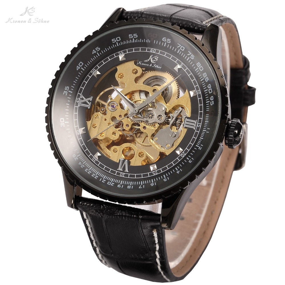 Classic Luxury Ks Royal Black Big Case Black Automatic Mechanical Skeleton Wrap Relogio Self Wind Men Mechanical Watch / KS114
