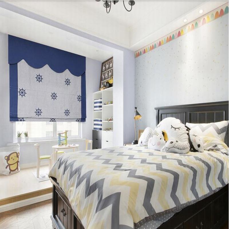 Embroidery Polyester Cotton Roman Shade In Blue