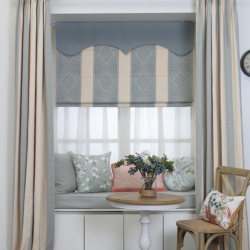 Stripe Cotton Linen Roman Shade In Blue