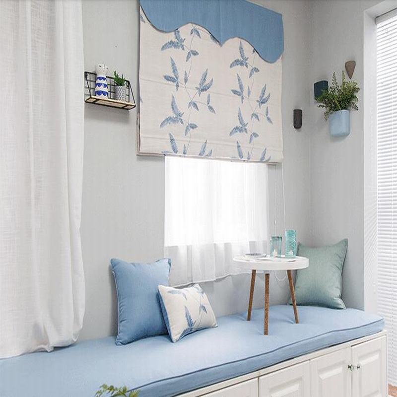 Embroidered Cotton Linen Roman Shade In Blue