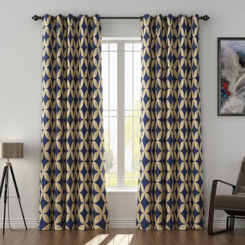 Geometric Print Polyester Linen Curtain Drapery with Privacy Blackout Thermal Lining BEATA