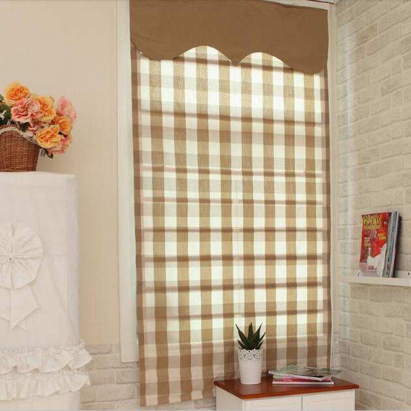 Plaid Print Polyester Cotton Roman Shade In Milk Tea