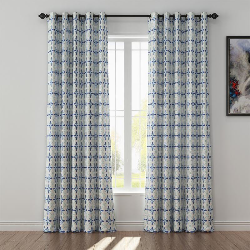 Geometric Print Polyester Linen Curtain Drapery CAMELLIA