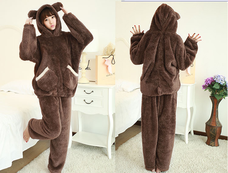 Uwback 2016 Winter Brand Flannel Pajamas Sets For Women Bear Sleepwear Set For Couple Coral Fleece Nightwear Female OB271