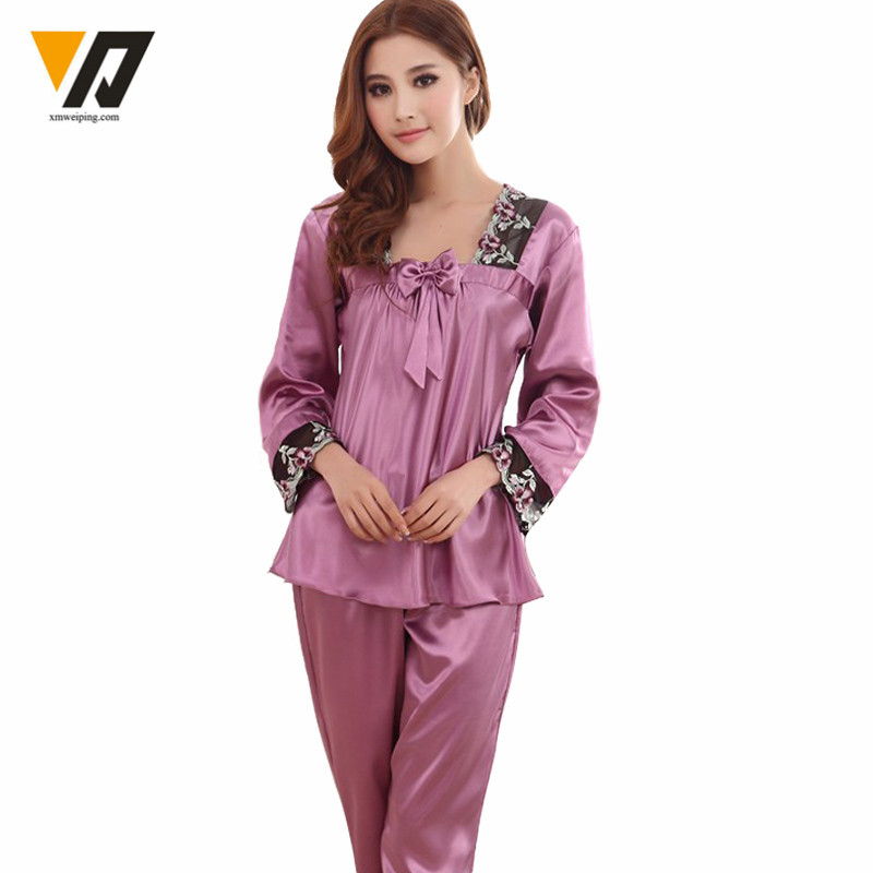 Womens Silk Pajamas Sets Spring Summer Female Lace Embroidered Satin Pyjamas Sleepwear Loungewear L-3XL