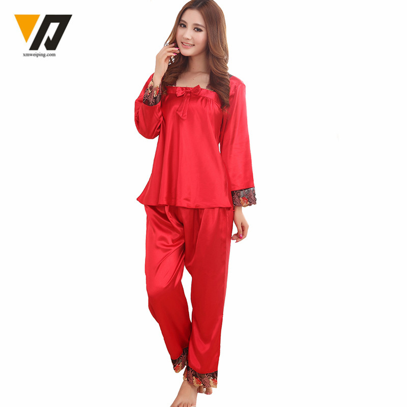 Womens Silk Pajamas Sets Spring Summer Female Lace Embroidered Satin Pyjamas Sleepwear Loungewear L-3XL