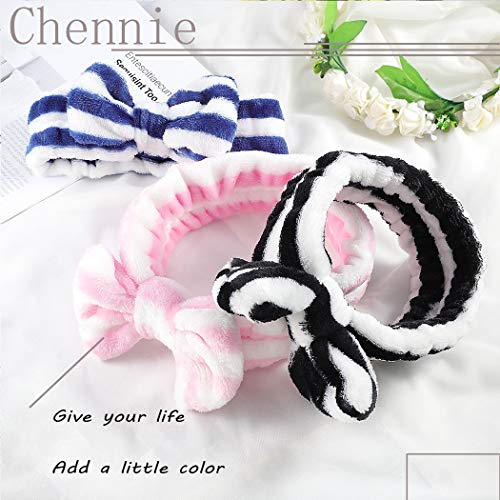 Chennie 蝴蝶结水疗发箍条纹弹性化妆发带女式和女童洗脸头套(3 件装)(2 种颜色)