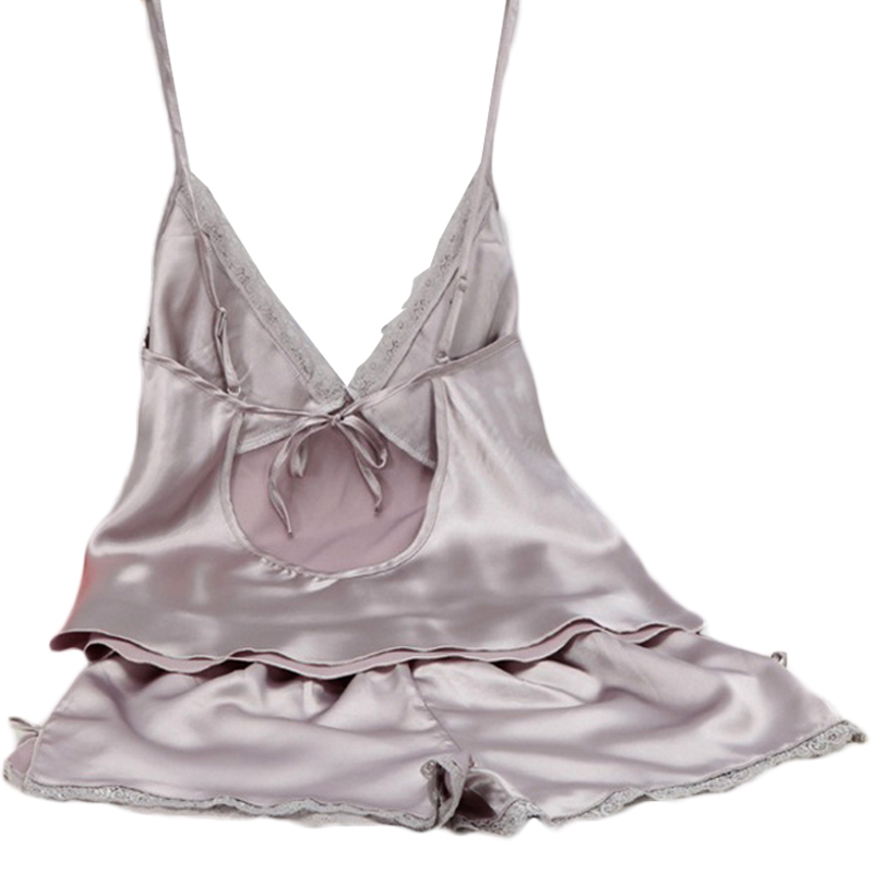 2016 summer style pajamas sets Women Female Sleep set Women's Deep V-neck Sexy Spaghetti Strap Shorts Sleepwear silk homewear