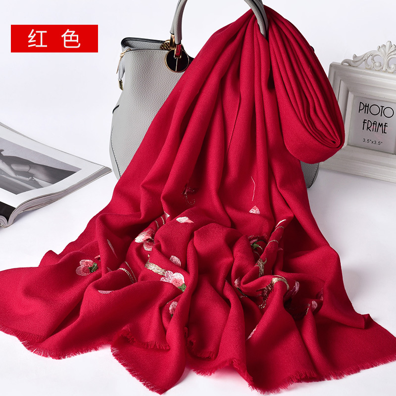 Bright Red Wool Scarf Women's Winter All-Matching Warm Cashmere Scarf Autumn Trendy Mother's Outer Shawl Dual-Use-Alibaba