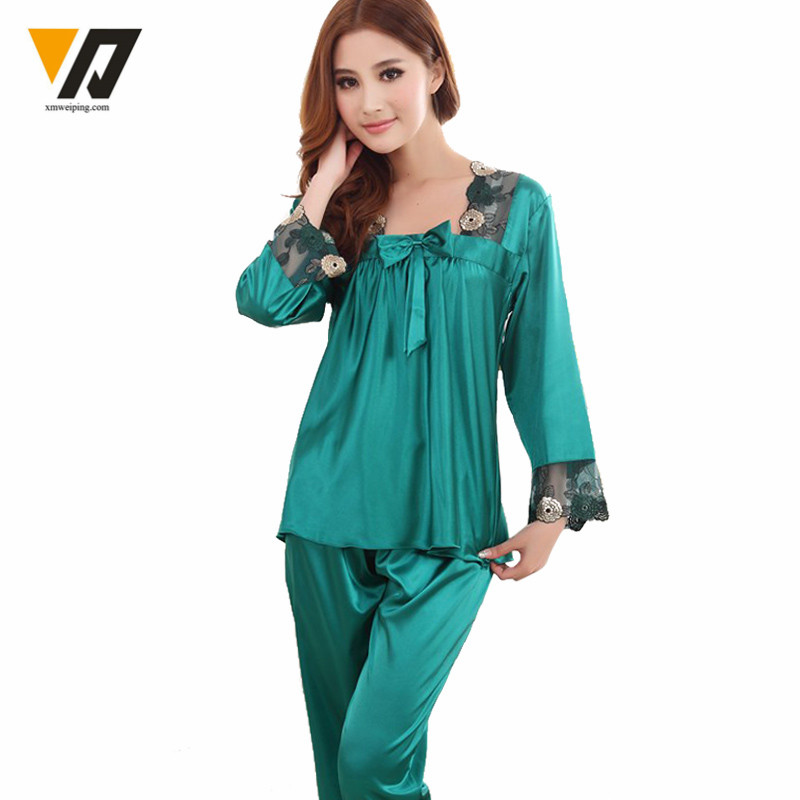 Womens Silk Pajamas Sets Spring Summer Female Lace Embroidered Satin Pyjamas Sleepwear Loungewear L-3XL
