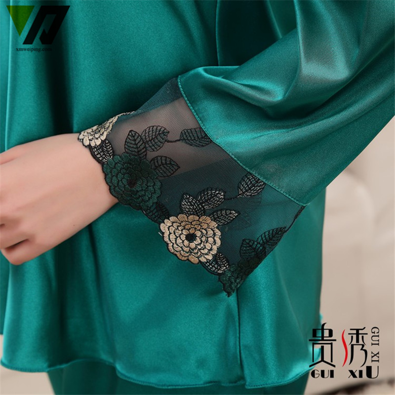 Womens Silk Pajamas Sets Spring Summer Female Lace Embroidered Satin Pyjamas Sleepwear Loungewear L-3XL