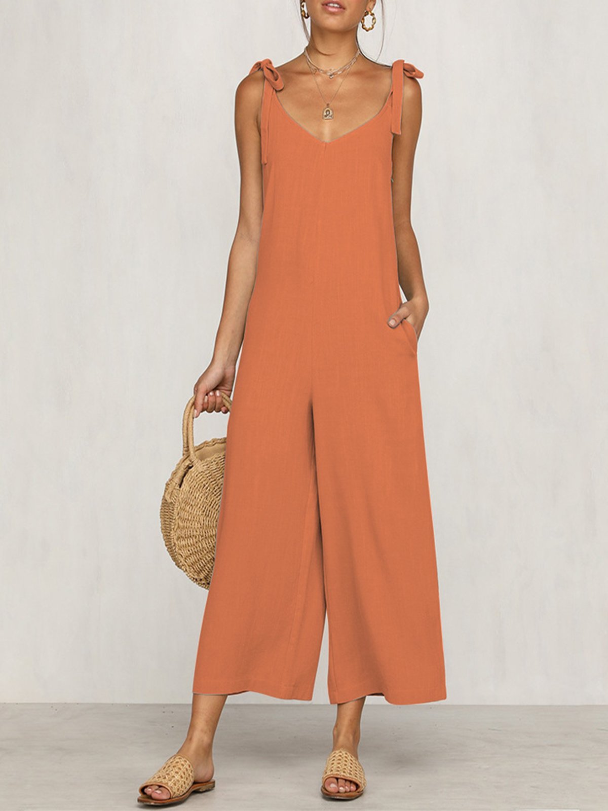 Beach Holiday Zipper Cotton Solid Sexy Jumpsuits