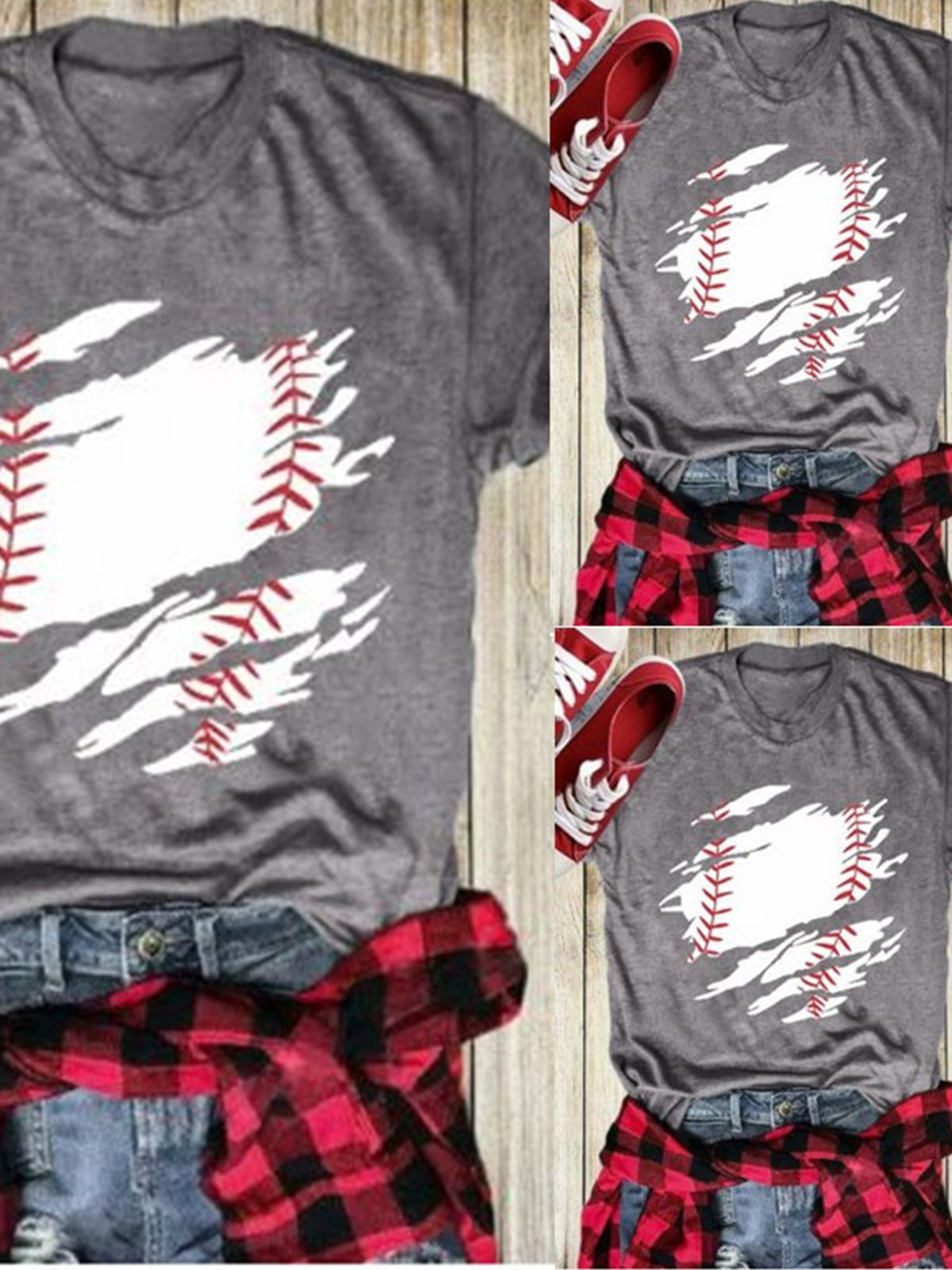 Gray Round Neck Casual Printed Shirts & Tops